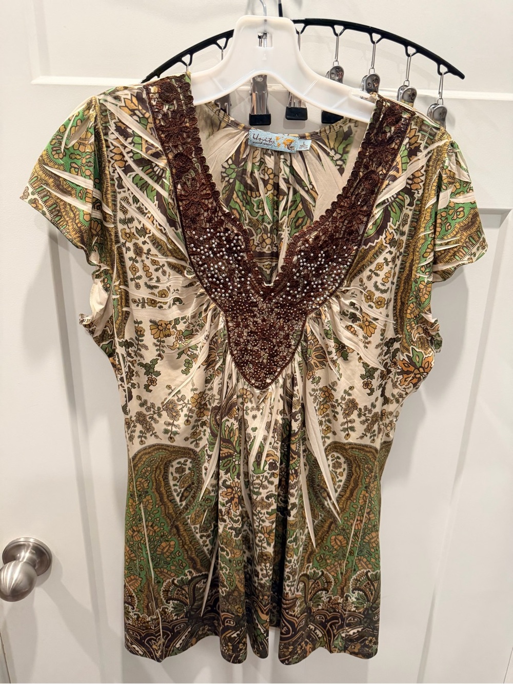 Unity World Wear Paisley Beaded V Neck Boho Tunic Top L